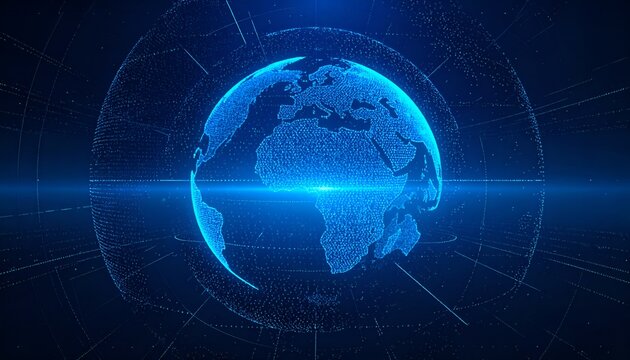 A glowing digital blue globe made of particles and data lines represents global connectivity, digital technology, artificial intelligence, cybersecurity, and the future of communication.