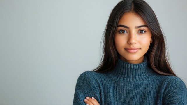 Portrait of a young woman with long dark hair, wearing a cozy blue turtleneck sweater, smiling gently on a plain light gray background