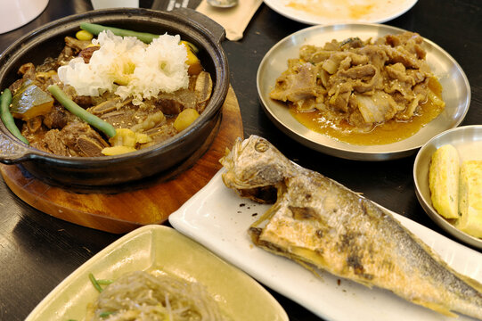 Korean Braised Beef Short Ribs (Galbijjim) and Whole Grilled Croaker Fish with Side Dishes