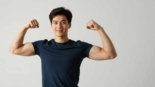Young Asian man flexing muscles in casual navy t-shirt, demonstrating strength and confidence, against a neutral background for health, fitness, and well-being concepts