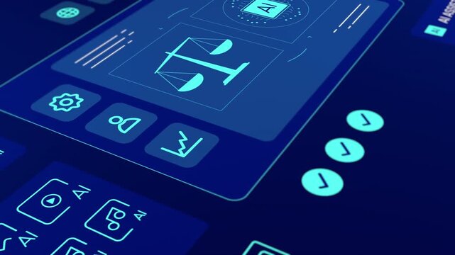 Angled close up perspective of blue digital interface highlighting AI ethics, balance scale, and verified checkmarks.