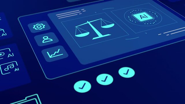 Angled perspective view of high tech blue interface tracking artificial intelligence ethics, justice scale, and chatbots.