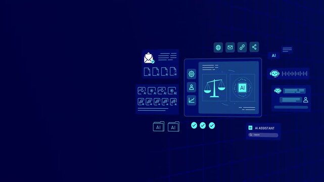 Dark blue digital HUD panel monitoring artificial intelligence justice balance scales, chatbots, and ethics rules.