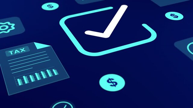 Close perspective view of digital interface featuring tax filing checkmark and financial charts.
