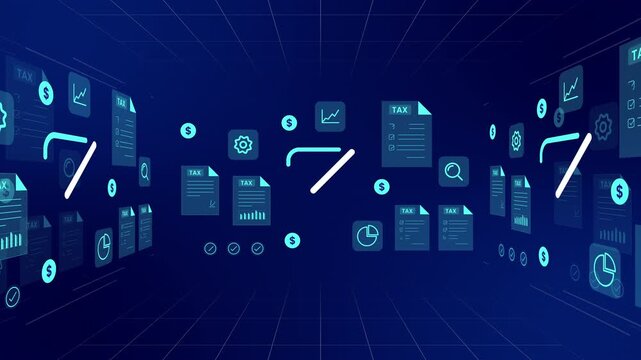 Virtual room environment with floating blue digital tax filing documents and checkmark boards.