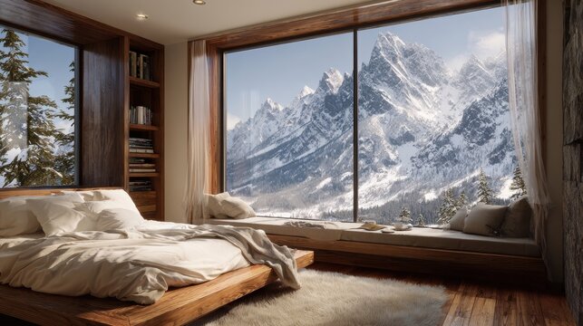 bedroom with white messy bedding and big window with view to beautiful. Summer, travel, vacation, holiday, mindfulness, relax, recreation, hotel, sleep