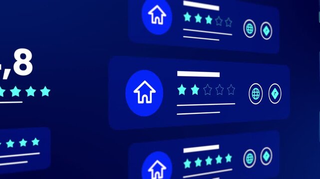 Futuristic blue travel dashboard displaying high star ratings, property review scores, and destination icons.