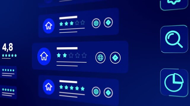 Dark blue hospitality interface monitoring hotel user ratings, five star reviews, and web location markers.