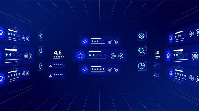 Wide perspective virtual environment showing floating blue accommodation rating cards and star reviews.