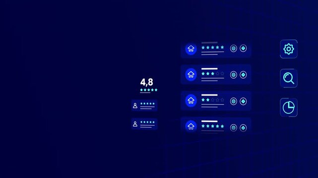 High tech dark blue interface monitoring real estate property ratings, customer feedback, and travel markers.