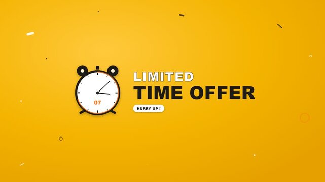 Energetic promotional animation featuring a ticking vector alarm clock counting down from 10 to 00. Includes dynamic text "Limited Time Offer" and "Hurry Up!" on a vibrant yellow background