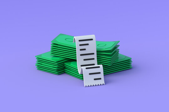 Expense audit. Tax refund. Retail purchase control. Family budget planning. Financial statements. Cash transactions. Business Revenue. Fiscal receipt near green banknotes. 3d render