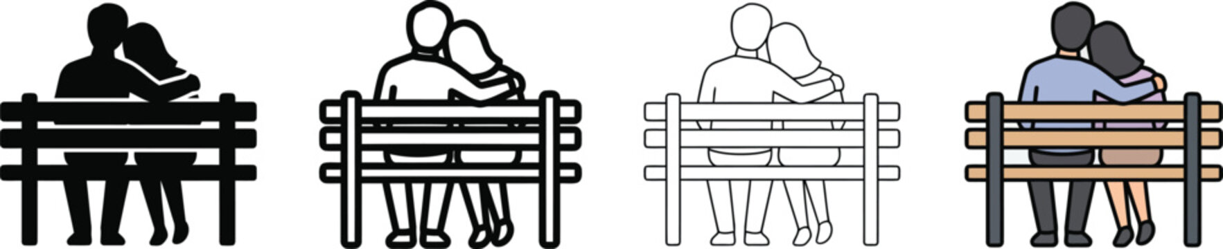 Couple sitting on park bench icon set, romantic date, lovers embracing, and relationship symbols vector icons