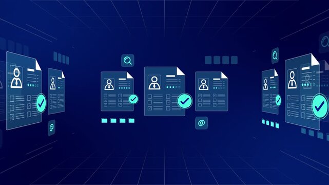 Wide perspective virtual environment showing floating candidate profiles and verified approval boards.