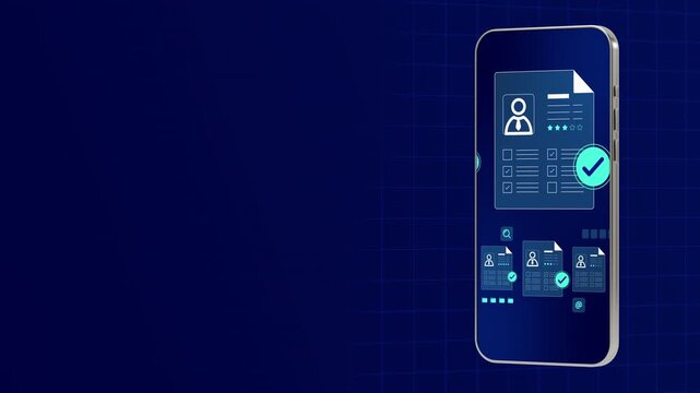 Standing smartphone interface visualizing candidate profiles, recruitment selection, and verification checks.