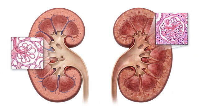 Healthy Human Kidney Compared with Glomerulonephritis and Inflamed Glomeruli