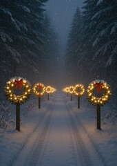 Fototapeta premium Enchanting snowy path with wreaths.