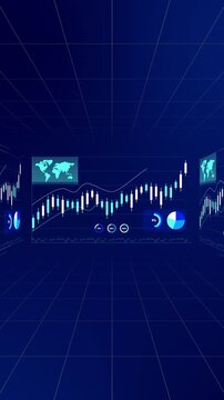 Wide perspective vertical studio room displaying floating blue stock exchange candlestick panels and metrics.