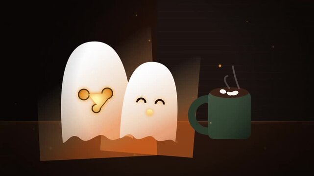 Softly glowing ghosts share cozy, warm moments. Each ghost has simple, friendly faces. They sit near a steaming mug of hot cocoa. Warm light casts gentle shadows around them