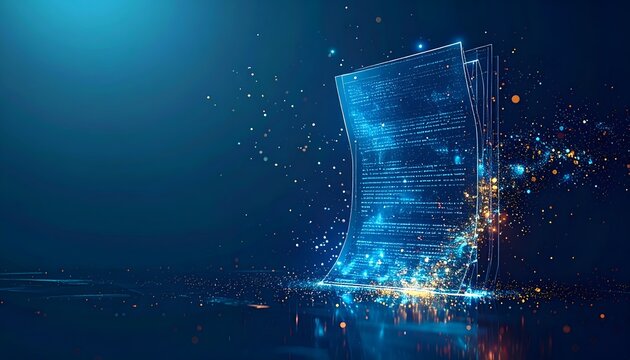 Futuristic illuminated document standing in a digital environment, representing electronic files, information systems, software technology, data storage, digital transformation, and innovation.