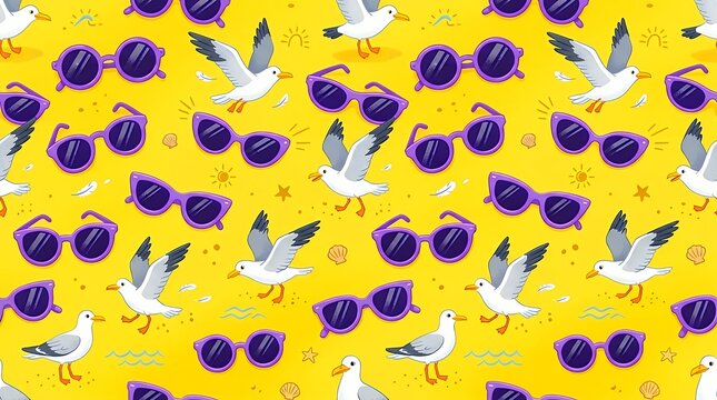 Playful Summer Pattern Displaying Purple Sunglasses And Seagulls Over Vibrant Yellow Sand Backdrop Playful Summer Pattern Displaying Purple Sunglasses And Seagulls Over Vibrant Yellow Sand Background