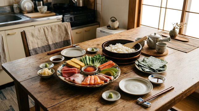 食卓に並ぶ手巻き寿司の具材と酢飯のテーブルフォト料理写真