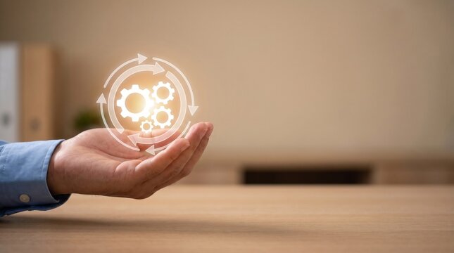 Business process management and workflow optimization with digital gears hologram concept
