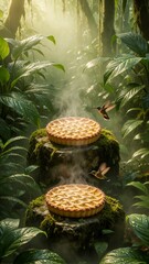 Naklejka premium Surreal Concept of Freshly Baked Lattice Pies Resting on Mossy Stones in a Misty Jungle