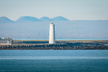 Naklejka premium Cruise Ship Sailing Into Reykjavik Harbour With Views Toward the City and Surrounding Mountains, August 2026