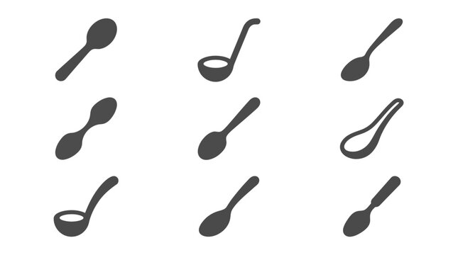 Kitchen spoons and ladles utensil icon group.