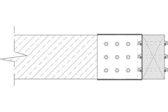 Technical structural engineering drawing showing a cross-section detail of a timber-to-timber or steel-plate beam connection secured with heavy-duty bolts.