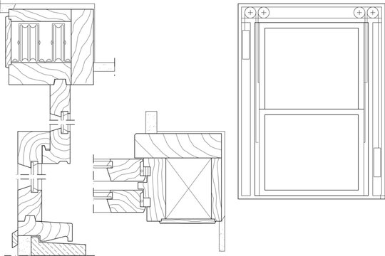 Technical CAD detail of a timber double-hung window showing cross-sections of the frame, glazing, and wall integration, alongside a front elevation.