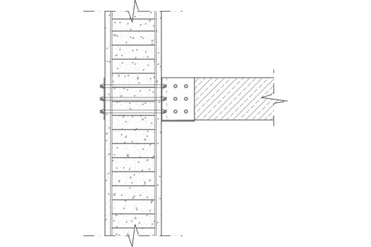 Technical CAD detail of a structural connection showing a concrete wall section anchored to a horizontal beam via a metal plate and bolts.
