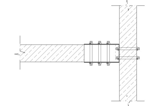Technical structural engineering drawing showing a cross-section detail of a concrete or masonry wall connection, supporting a structural beam via a metal connector bracket and through-bolts.