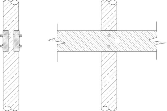 Technical CAD detail of a timber post-and-beam connection showing a cross-joint with steel gusset plates and bolts in plan and elevation.