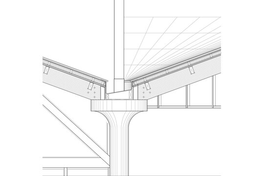 Technical architectural drawing showing a cross-section detail of a complex roof structure, central drainage gutter, sloped rafters, and a flared structural column support.