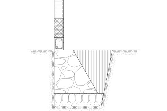 Technical architectural drawing showing a cross-section detail of a building foundation, masonry wall footing, stone masonry layer, insulation blocks, and soil excavation.