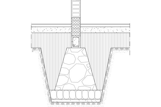 Technical CAD section of a masonry or stone pier foundation showing the footing, earthwork, ground beam, and column base plate assembly.