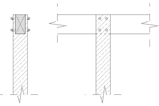 Technical structural engineering drawing showing cross-section details and elevation views of a timber column and beam joint connected with bolts and side plates.
