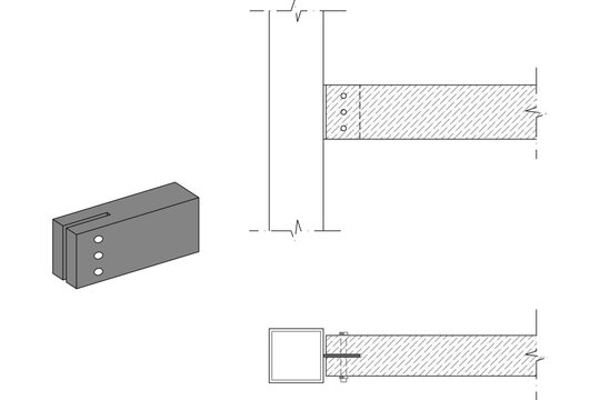 Technical CAD set of a steel splice connection detail showing 3D isometric view, elevation, and plan view of a hollow structural section joint.
