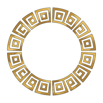 Golden Greek key circular frame, metallic meander border design, ancient luxury ornament on white background
