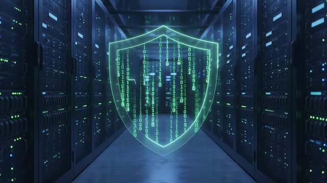 Digital vpn shield glowing in a dark server room hallway