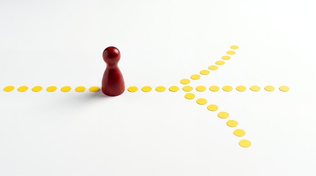 Red wooden game pawn standing at a decision point where yellow dotted lines split into different directions representing strategic choice dilemma planning and alternative path options red pawn