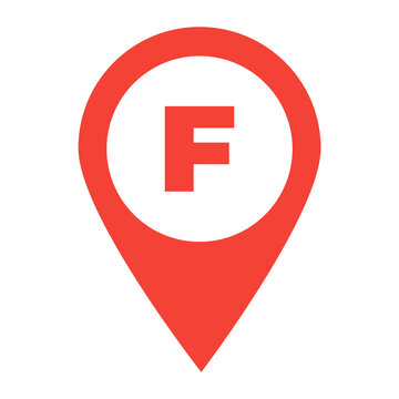 red fire location pin icon with a white circular center and bold letter F symbol, isolated on a transparent background