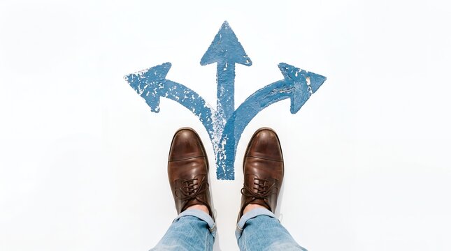 Top view of brown leather shoes and blue jeans standing at a painted intersection with three directional arrows pointing forward left and right representing decision making and choices foot