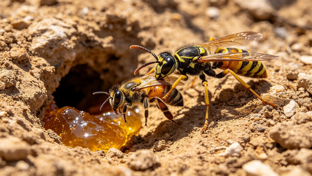 Macro Close-Up of a Bee or Wasp on the Ground Near Its Nest in Natural Habitat, Detailed Insect Wildlife Scene with Brown and Black Tones