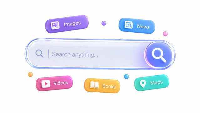 Glass search bar interface with colorful 3d navigation category buttons