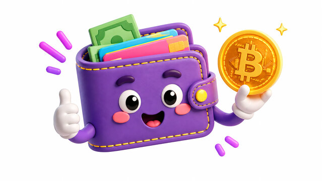 Cute purple wallet character holding shiny gold bitcoin digital currency