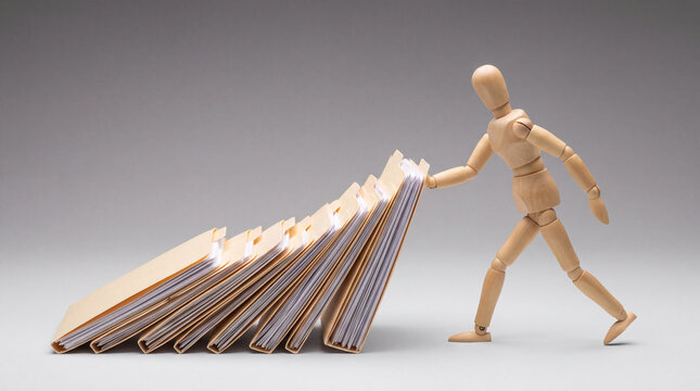 Abstract business metaphor with wooden dummy navigating maze balance and work pressure challenge.