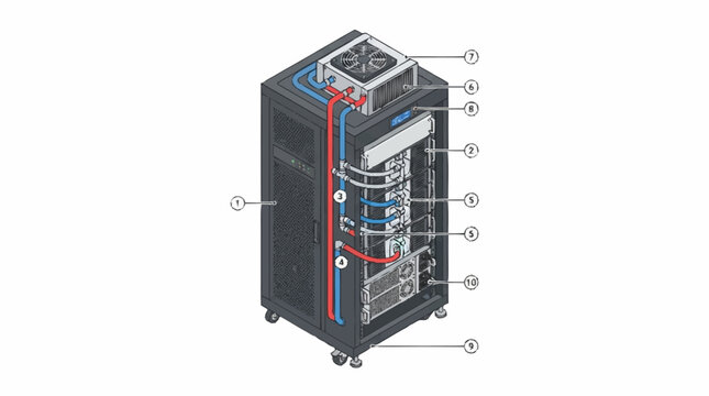 Exploded view of a server rack with components.